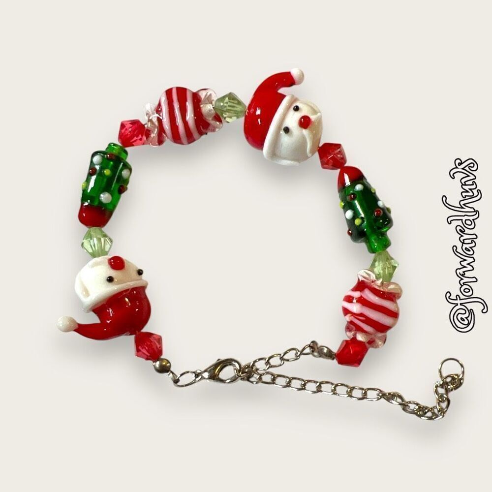 Glass Santa, Tree & Candy Beads On Adjustable Silver Tone Chain Bracelet
